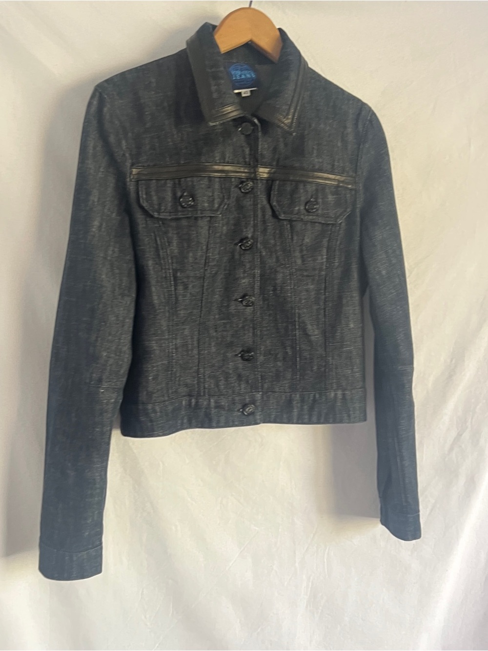 Kenzo Jeans Y2K Denim Jacket Leather Trim Logo Buttons Cropped Italy 40 S/M